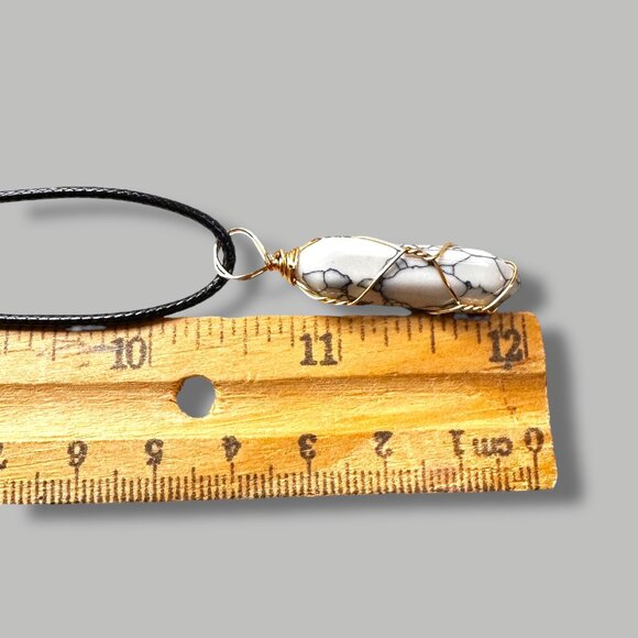 Wire-Wrapped Howlite Pendant Necklace On Black Cord With Adjustable Chain - Picture 4 of 6